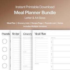 May include: A printable meal planner bundle with Letter and A4 sizes. The bundle includes meal plan, grocery lists, recipe page, pounds lost, and notes pages. The pages are white with black text and lines. The text includes "Meal Plan", "Grocery Lists", and "Recipe Page".
