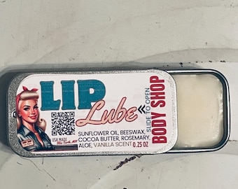 LIP LUBE lip balm in a fun vintage slide tin made All natural USA 0.25 oz body shop chapstick lips