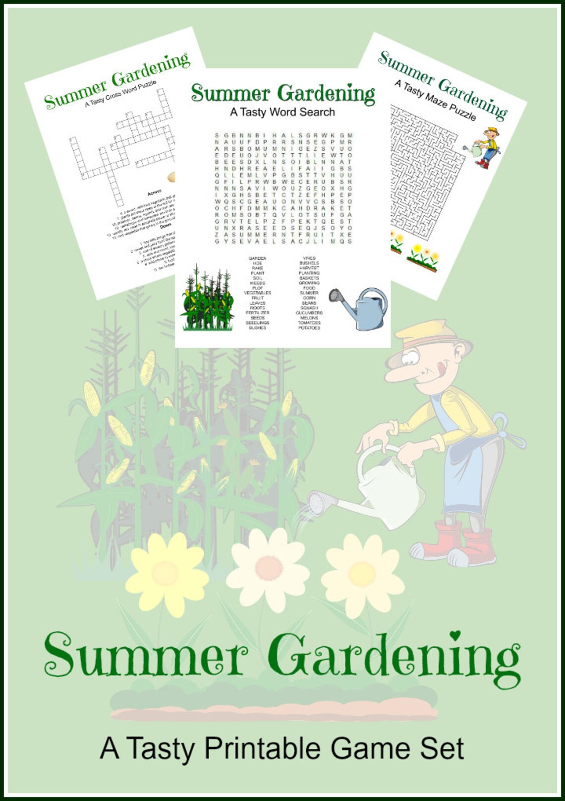 Summer Gardening Game Puzzle Set of 3 Crossword, Word Search, Maze