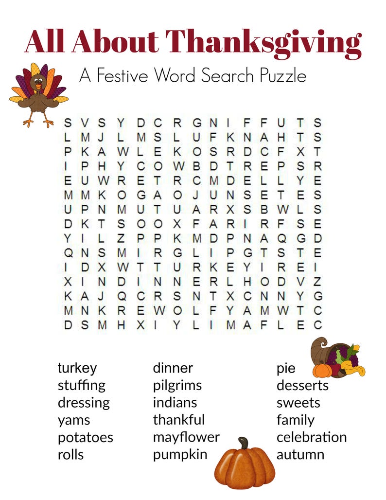 Thanksgiving Game Puzzle Set of 3 Crossword, Word Search, Maze, Party ...