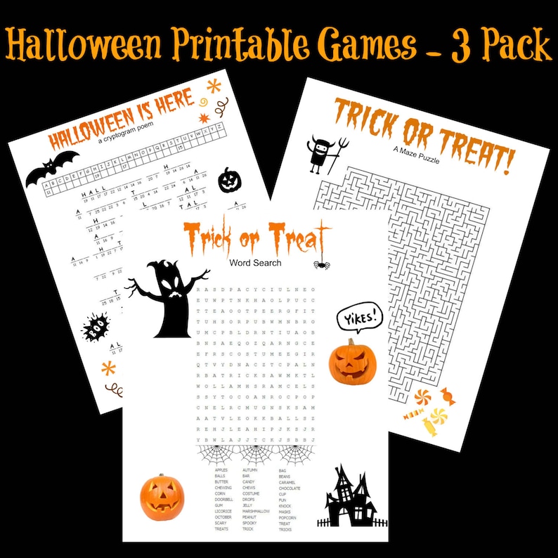 Halloween Game Puzzle Set of 3 Cryptogram, Word Search, Maze, Party ...