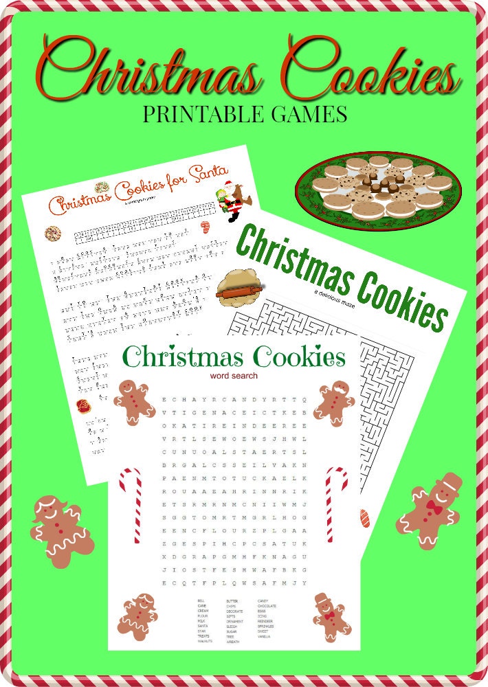Christmas Cookies Game Puzzle Set of 3 Cryptogram, Word Search, Maze