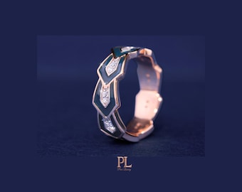 Vintage Diamond and Enamel Ring—German 1960s—Green Enamel with Coral Red and Bright Green Enamel Floral Detail