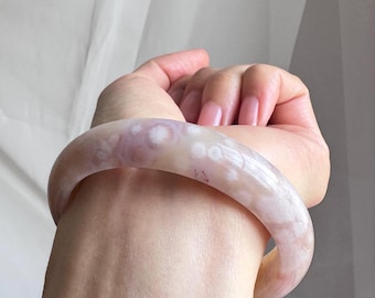 Natural Floral Agate Bangle Bracelet 61.5mm – Pink Blossom Stone, Thick Round Jade Style, Unique Gift for Her