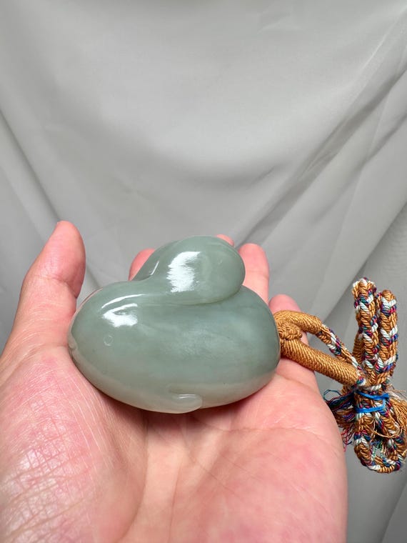 Natural Nephrite Jade Rabbit Handheld Pendant, Soft Milky Green Jade Carving, 160g Smooth Worry Stone, Certified Jade Gift