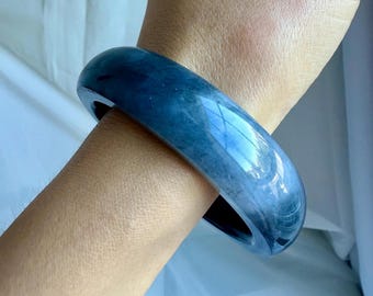 Natural Pebble Nephrite Jade Bangle 57mm | Thick and Luxurious Ink Pattern Jade Bracelet | Exceptional Oily Luster | Original Skin