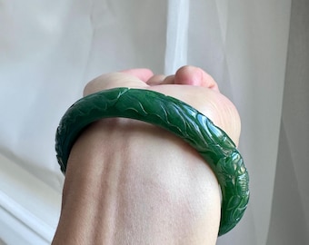 Certified Natural Nephrite Jade Bangle Carved Green Jade Bracelet Hand Carved Floral Bangle 60.7mm