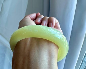 Natural Lemon Yellow Nephrite Jade Bangle 60mm | Premium Yellow-Toned Jade Bracelet with Bamboo Leaf Carving | Thick Wide Jade Bangle
