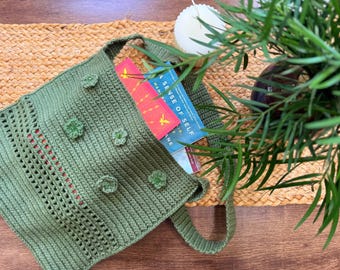 Crochet Flower Book Bags, Cute Boho Shoulder Tote, Cottagecore Tote Bag with Strap, Handmade Sage Green Pink Market Purse, Booklover Gift