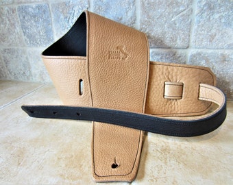 4" Italian Leather Guitar Strap: Sunrise-Black, Handmade Bass Strap