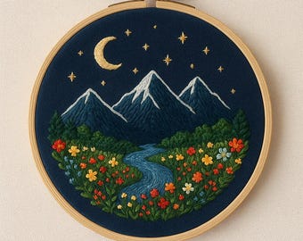 山と湖の風景刺繍パターン | 手刺繍PDFデザイン | モダンフープアート