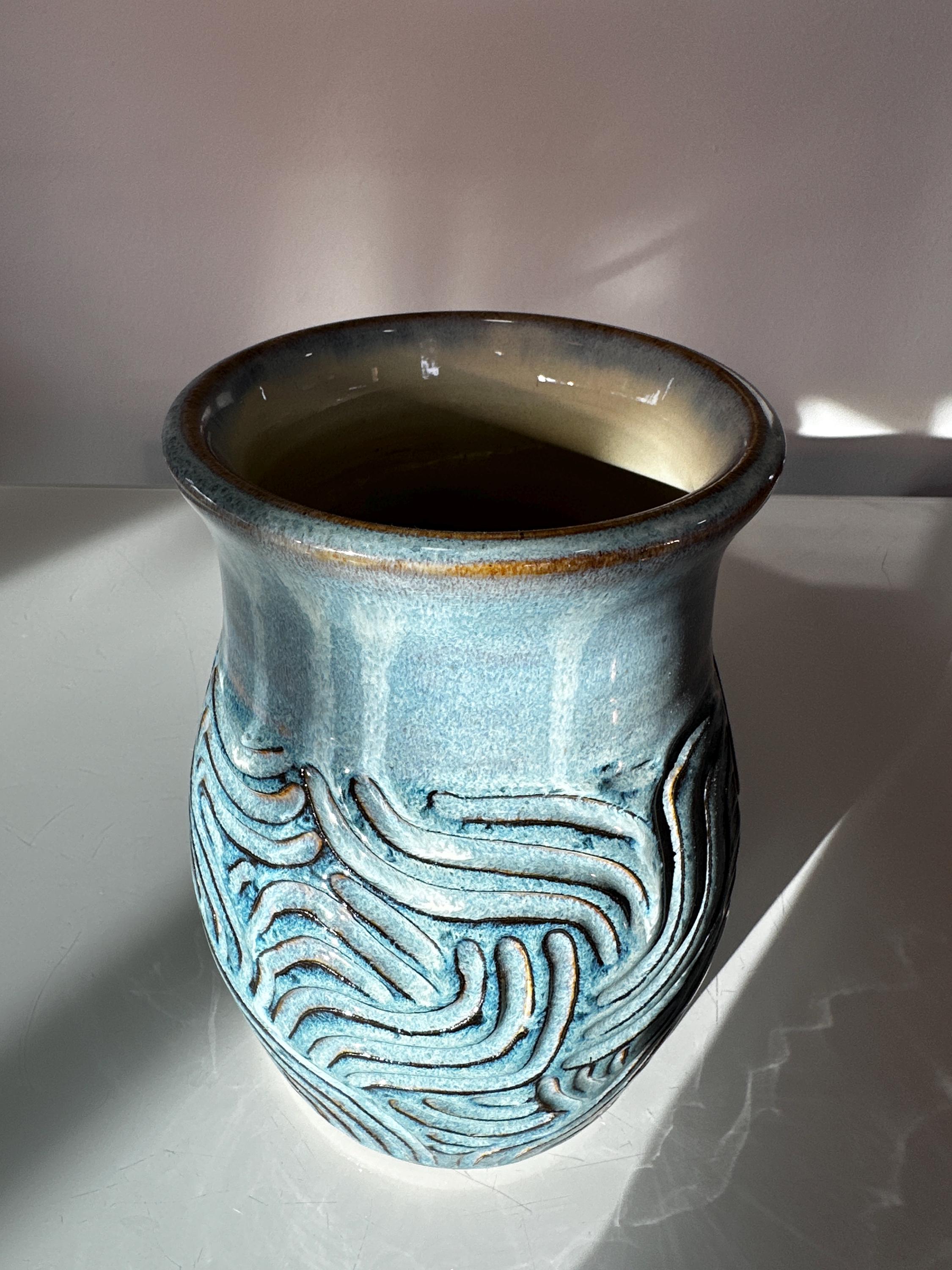 Blue Pottery Vase With Carved Pattern - Etsy
