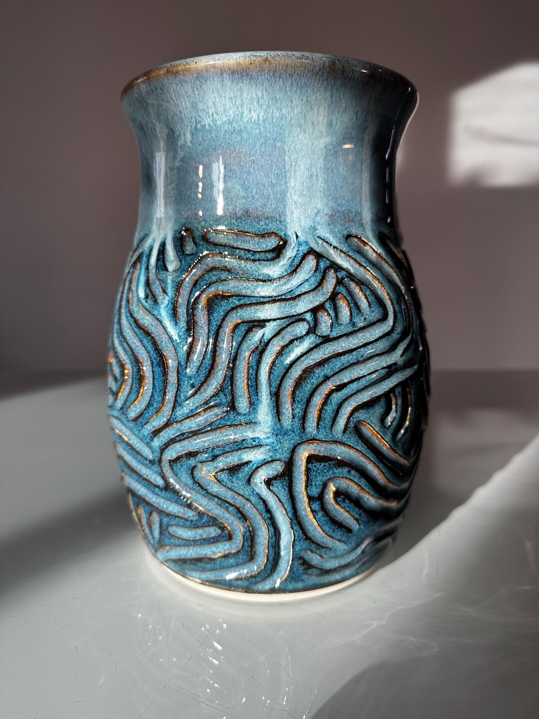 Blue Pottery Vase With Carved Pattern - Etsy