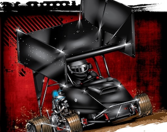 May include: Illustration of a black sprint car with a driver in a helmet, set against a red and black grunge background. The car has large tires, a prominent wing, and a blue engine component. The image includes the text "DS66 design studio 66".