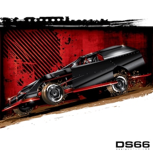 Pode incluir: Um carro de corrida preto com detalhes vermelhos está dirigindo em uma pista de terra. O carro está no ar, com as rodas levantadas do solo. O fundo é um padrão de xadrez vermelho e preto.