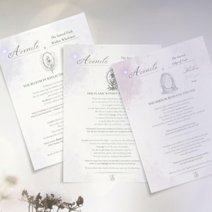 May include: Three white printed pages with the word "Acenite" in elegant script. Each page features text and illustrations, with titles like "The Bloom in Reflection" and "The Flame Within." The pages have a soft, watercolor-like background.