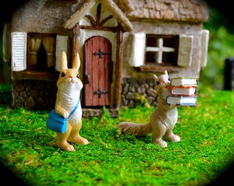 Miniature Bunny with Bag & Squirrel with Books – Fairy Garden Animals – Resin Miniatures