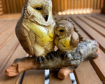 Miniature Mama Owl with Baby on Branch – Fairy Garden Owl Figurine – Resin Woodland Decor