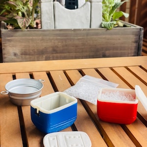 May include: Miniature picnic set with a blue and white cooler, a red and white cooler, a small metal bucket, and a bag of clear ice. The set is on a wooden surface, with a miniature garden in the background.