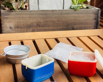 Miniature Cooler with Ice – Fairy Garden or Dollhouse Accessory, Blue/Red Cooler or Metal Tub Option