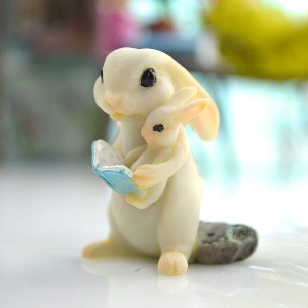 Miniature Bunny Reading to Baby ~ Bunny and Baby ~ Fairy Garden Supplies ~ Miniature Garden Supplies ~ 1-3/8" High ~ Easter ~ Bunny