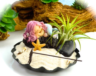 Mini Garden Kit with Mermaid, Air Plant Kit, Beach Therapy Kit, Desk Zen Garden, Relaxation Gift, Coastal Decor, Mini Sand Garden