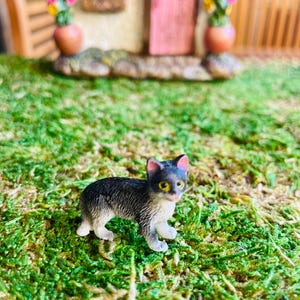 May include: A miniature figurine of a black and white cat with yellow eyes, set against a backdrop of green moss. The cat is positioned in front of a small, detailed fairy house with a pink door and flower pots.