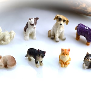 May include: A collection of miniature figurines of dogs and cats. The dogs include a white poodle, a brown and white dog, a tan dog, and a Yorkshire Terrier in a purple coat. The cats are in various poses and colors.