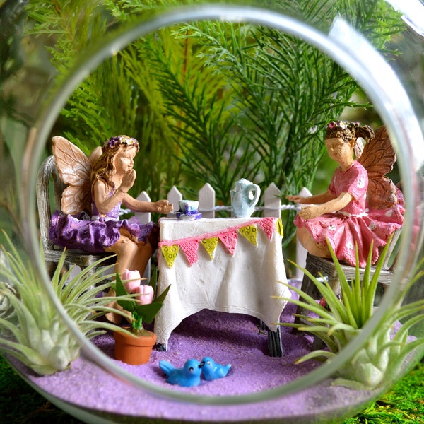 Fairy Tea Party ~ Fairy Garden Terrarium Kit ~ 7" Air Plant Terrarium ~ Miniature Fairies ~ Bunny or Blue Birds Choice ~ Sand Color Choice