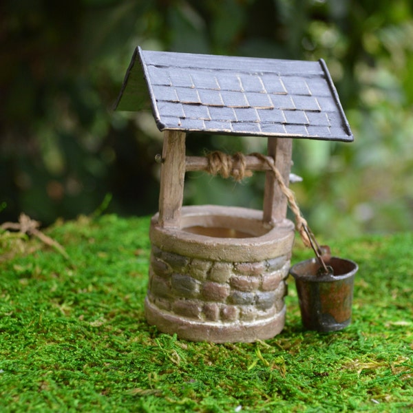 Miniature Wishing Well ~ Little bucket on rope ~ Cobbled Stone look well with Shingled roof ~ Fairy Garden Supplies ~ Miniature Gardening