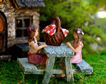 Miniature Picnic Set or Individual Items – 2 Girls, Table & Basket – Resin Fairy Garden or Dollhouse Miniature Scene