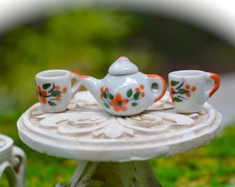 Miniature Ceramic Tea Set – Fairy Garden or Dollhouse Teapot & Cups with Tin Woven Serving Tray