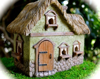 Miniature Fairy Garden House – 6"Hx7"W Resin Cottage - Thatch Roof, Hinged Door & Window Curtains – Miniature Garden Décor
