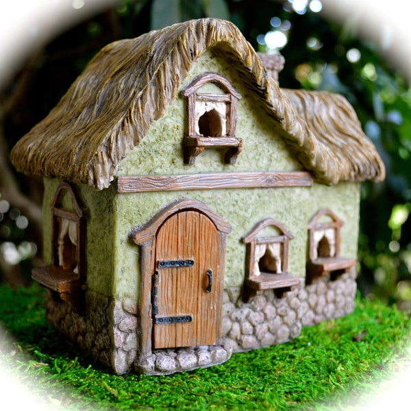 Garden Cottage House ~ 7" Tall ~ Miniature Resin House ONLY ~ Country House ~Thatch Roof ~ Wood Door on henge ~ Miniature Houses ~ Gift