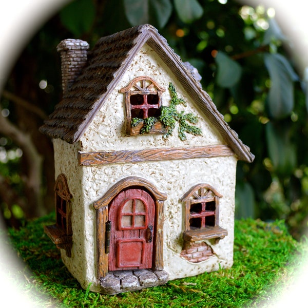 Miniature Garden Cottage House with Red door ~ House ONLY ~ Miniature Houses ~ Fairy Garden Houses ~ English House ~ 6" Tall ~ Gift