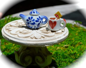 Miniature Tea Set with Heart Mug – Ceramic Fairy Garden or Dollhouse Teapot & Tin Serving Tray