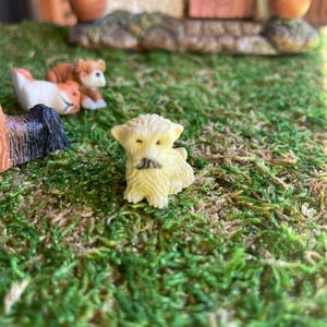 May include: A miniature figurine of a cream-colored dog with a yellow mustache, set on a bed of green moss. Other small dog figurines are visible in the background, along with a miniature house and flower pots. The scene evokes a whimsical, fairy garden theme.
