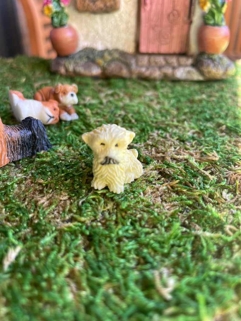 May include: A miniature figurine of a cream-colored dog with a yellow mustache, set on a bed of green moss. Other small dog figurines are visible in the background, along with a miniature house and flower pots. The scene evokes a whimsical, fairy garden theme.