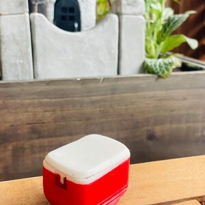 May include: A miniature red and white cooler with a white lid. The small, rectangular cooler has a red body and a white top. The cooler is sitting on a wooden surface.