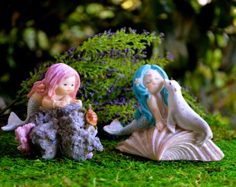 Miniature Mermaid Figurine for Fairy Gardens & Terrariums – Resin Mermaids with Turtle, Seal, or Octopus