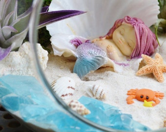 Miniature Sleeping Mermaid Figurine ~ Mermaid in Shell ~ Beach Fairy Garden Miniature ~ Ocean Mini Décor