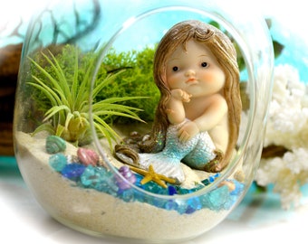 Mermaid Terrarium Kit with Air Plant, Hanging Glass Bullet Terrarium, Beach Decor, Coastal Gift, Mermaid Gift, Small Desk Decor