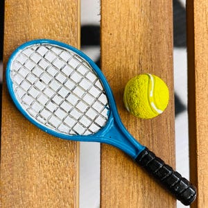 Miniature Tennis Racket and Ball ~ Tennis Anyone ~ Dollhouse Miniatures ~ Fairy Garden Miniatures ~ Rackets ~ Approximately  2.5&quot; Racket