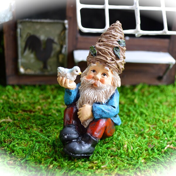 Miniature Gnome Holding Bird Only ~ Bird nest Hat ~ Gnomes ~ Fairy Garden Miniature ~ Miniatures ~ Small Garden Gnomes ~ 2.5"H x 2"D x 1"W