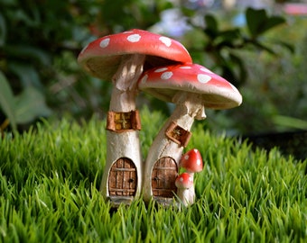 Miniature Double Red Mushroom House – Fairy Garden Cottage, Resin