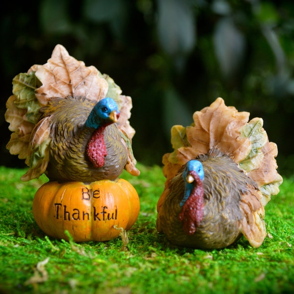 Miniature Turkey Figurines ~ 3" Be Thankful Turkey on Pumpkin or Other 2" Turkey ~ Fall Decor ~ Leaves ~ Fairy Garden Supplies ~ Miniatures