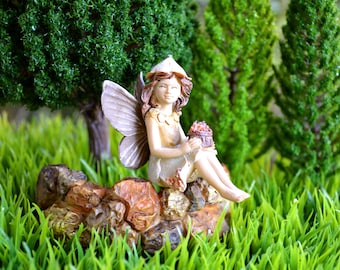Miniature Sitting Fairy with Flower Basket – 2" Fairy Figurine – Fairy Garden Miniatures – Miniature Garden Supplies – Dollhouse Fairy Decor