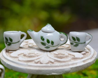 Miniature Green Leaf Tea Set – Ceramic Fairy Garden or Dollhouse Tea Set with Tin Serving Tray