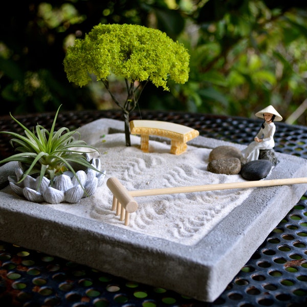 Zen Garden Kit ~ 7" Sand Therapy Box ~ Garden Tray with Air Plant ~ Office Plant ~ Move Rake through Sand ~ Gift Idea ~ Quarantine Gift