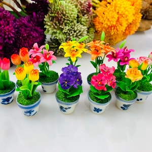May include: A collection of miniature potted flowers in various colors, including red tulips, yellow lilies, and purple pansies. The small ceramic pots have a blue floral design. The flowers are arranged on a white surface.